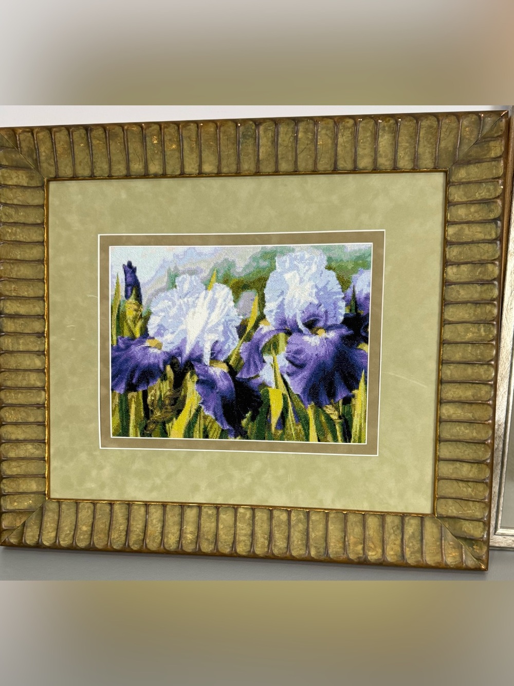 Cross Stitched Double Mat Framed No Glass Art Purple & White Irises 26”X23”
